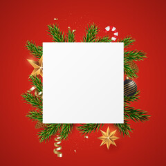 Blank white square banner on background of fir branches and christmas decorations. Merry christmas greeting card template. Holiday background with place for text. Xmas frame design. Vector eps 10.