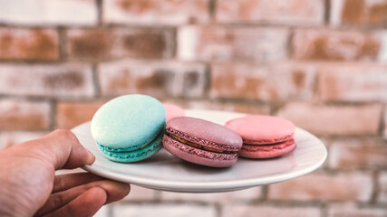 A hand is holding a plate that is filled with colorful sweet french macaroons on a brick background.