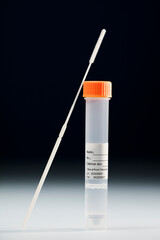 SARS COV-2 antigen detection test, swab and transport vial, with black background 