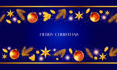 Merry Christmas and golden decoration. Golden as a symbol of Merry Christmas. Elegant card template with golden shining stars. Vector illustration