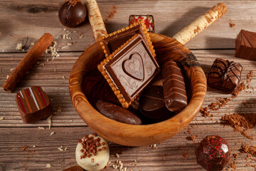 A bowl of assorted chocolates and chocolate biscuits on wooden background with cacao powder cinnamon sticks, pirouettes and coconut sprinkles creating an organic look. For Valentines day and christmas © Grandbrothers