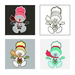 A set of 4 images of a snowman in a hat with pompom, scarf and mittens opening a gift in different shades. Freehand drawing in flat simple style. Winter, Christmas, New Year, season’s greetings, color