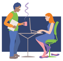 Office Workers Chatting at Desk Illustration