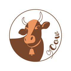 Logo with the image of a cow. Round icon with the symbol of the beef or dairy products.