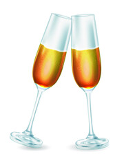Realistic champagne glasses. Champagne with bubbles 2 glasses full. Realistic drink for the holiday and drink in glasses. Vector illustration