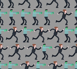 Zombi running after guy pattern seamless. Zombie is chasing man background. Green walking dead haunts man. vector texture