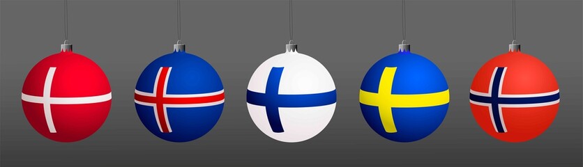 A set of Christmas tree decorations with the image of the flags of the Scandinavian countries.
