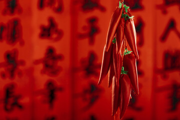 Selective focus shot of a Chinese New Year red decoration with hot chili peppers