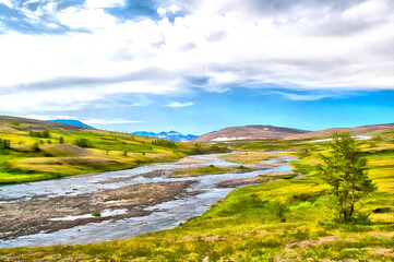 Beautiful mountain landscape at Polar Urals colorful painting
