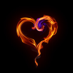 Burning heart symbol. Real fire flames and smoke isolated on black background. Valentine card.