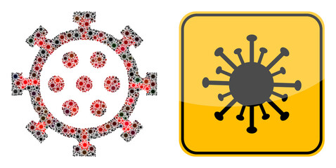 Mosaic coronavirus icon and covid-2019 risk sign. Vector covid pathogen elements are organized into illustration coronavirus. Covid-2019 risk sign uses black and yellow colors, and rounded square