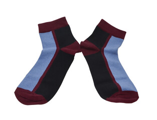 pair of multicolored socks laid out and isolated on white background