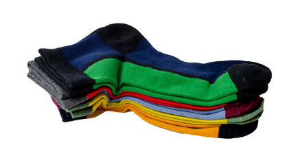 a lot of multicolored socks laid out and isolated on a white background