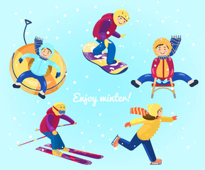 Vector cartoon set of kids doing different winter sports. Winter activities. Snow tubing, snowboarding, skiing, ice skating, sledding.