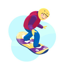 Vector cartoon illustration of kid in helmet snowboarding. Winter sport.