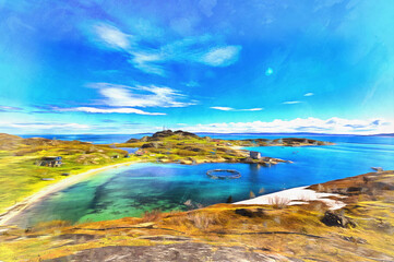 Scenery landscape of Barents sea shoreline colorful painting looks like picture.