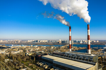 Garbage incineration plant. Waste incinerator plant with smoking smokestack. The problem of environmental pollution by factories aerial view - obrazy, fototapety, plakaty