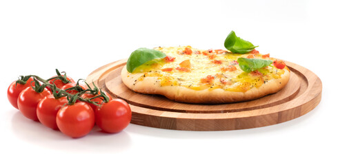 Pizza with cheese and tomatoes  isolated on white background