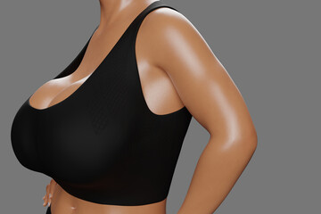 Young slim woman with big breasts in black sportswear