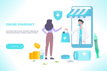Online pharmacy concept. Pharmacist selling medical supplies in online drugstore in smartphone. Young woman buying medicine and pills online, vector illustration
