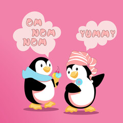 Cute cartoon penguins enjoy sweet treats and go chatting. Ice cream and lolli pop are delicious. Vector illustration on pink background.