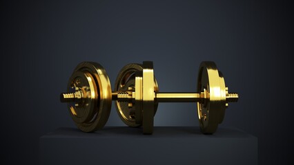 3d rendering, Two gold professional dumbbells for fitness and bodybuilding on black background