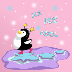 Cute cartoon penguin is skating on the melting ice pieces. Ice cool bird feels as a king of the world. Bright vector illustration on pink background.