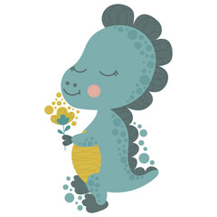 Cartoon single illustration of a little cute smiling dinosaur tyrannosaurus holding a flower and sniffing it. Isolated baby dragon for printing on baby t-shirt, nursery poster, sticker, card. Vector.
