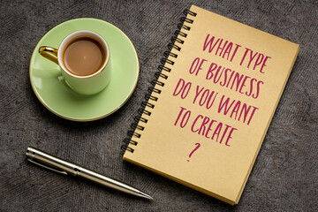 What type of business do you want to create? Handwriting in a spiral notebook with a cup of coffee. Starting business concept.