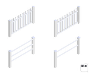 Isometric white fence sections. Fencing constructor.