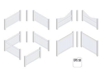 Isometric white fence sections. Vector