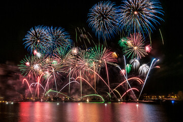 Multi-colored fireworks salute against the evening sky