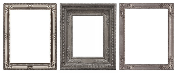 Set of silver frames for paintings, mirrors or photo isolated on white background