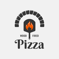 Pizza logo with pizza shovel and oven with flame - 398574766