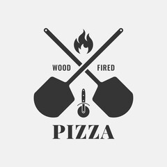 Pizza logo with oven shovel. Wood fired pizza - 398574911