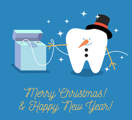 Tooth Snowman. Christmas greeting card from a dentist. Cartoon tooth with dental floss. Merry Christmas and a Happy New Year!