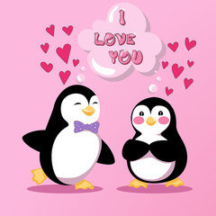 Penguins on date feel high over heels. Love is in the air, sparkling and making them happy. Vector illustration of Love Card on pink background.