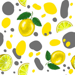 Seamless pattern of lemon, lemon slices, leaves and abstract spots of yellow and gray flowers. Stock vector illustration isolated on white background.