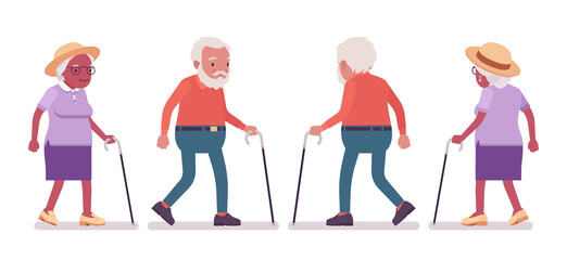 Fototapeta premium Old man, woman elderly person with walking cane. Senior citizens over 65 years, retired grandparent, old age pensioner. Vector flat style cartoon illustration isolated on white background