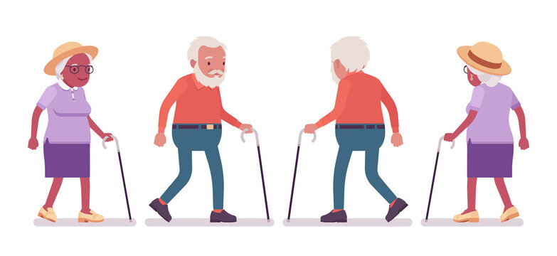 Old Man, Woman Elderly Person With Walking Cane. Senior Citizens Over 65 Years, Retired Grandparent, Old Age Pensioner. Vector Flat Style Cartoon Illustration Isolated On White Background