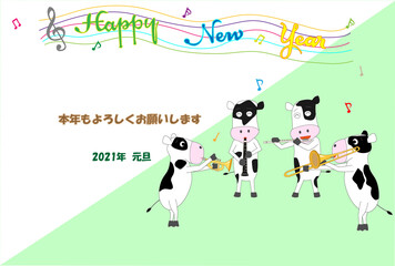 令和三年の新年を祝ってコンサートを開催している牛たちの年賀状のテンプレート。