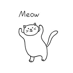 Jumping fat cat. Word meow. Hand drawn vector doodle illustration. 