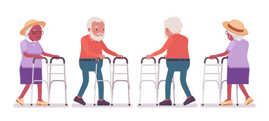 Old man, woman elderly person with medical walker. Senior citizens over 65 years, retired grandparent, old age pensioner. Vector flat style cartoon illustration isolated on white background