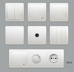 Wall switch. Power electrical socket. Vector set