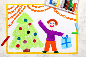 Obraz na płótnie Canvas Colorful drawing: A Christmas time. Beautiful Christmas tree and happy men hoding a gift