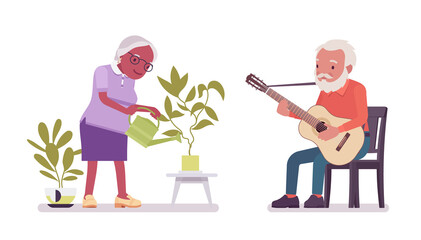 Old man, woman elderly person watering plant, playing guitar. Senior citizens over 65 years, retired grandparent, old age pensioner. Vector flat style cartoon illustration isolated on white background