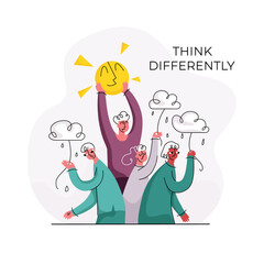 Vector illustration concept of thinking differently, ideas, discoveries, individuality, optimism, creativity. There are sad characters holding rain clouds in their hands, one happy person holding sun.