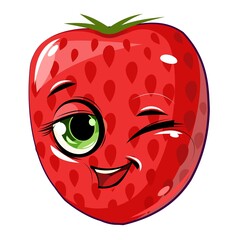 Strawberry cheerful smile. Juicy red berry with a muzzle. Cartoon style. Isolated over white background. Vector illustration. Winks.