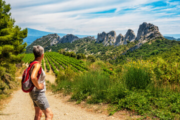 Wandern mit Blick auf den Mont Ventoux in den Dentelles de Montmirail in der Provence