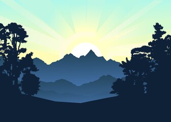 Mountain landscape. Mountain view through the forest. Silhouette. Lake, sea bay. Mountains, rocks on the horizon with sky and clouds. vector